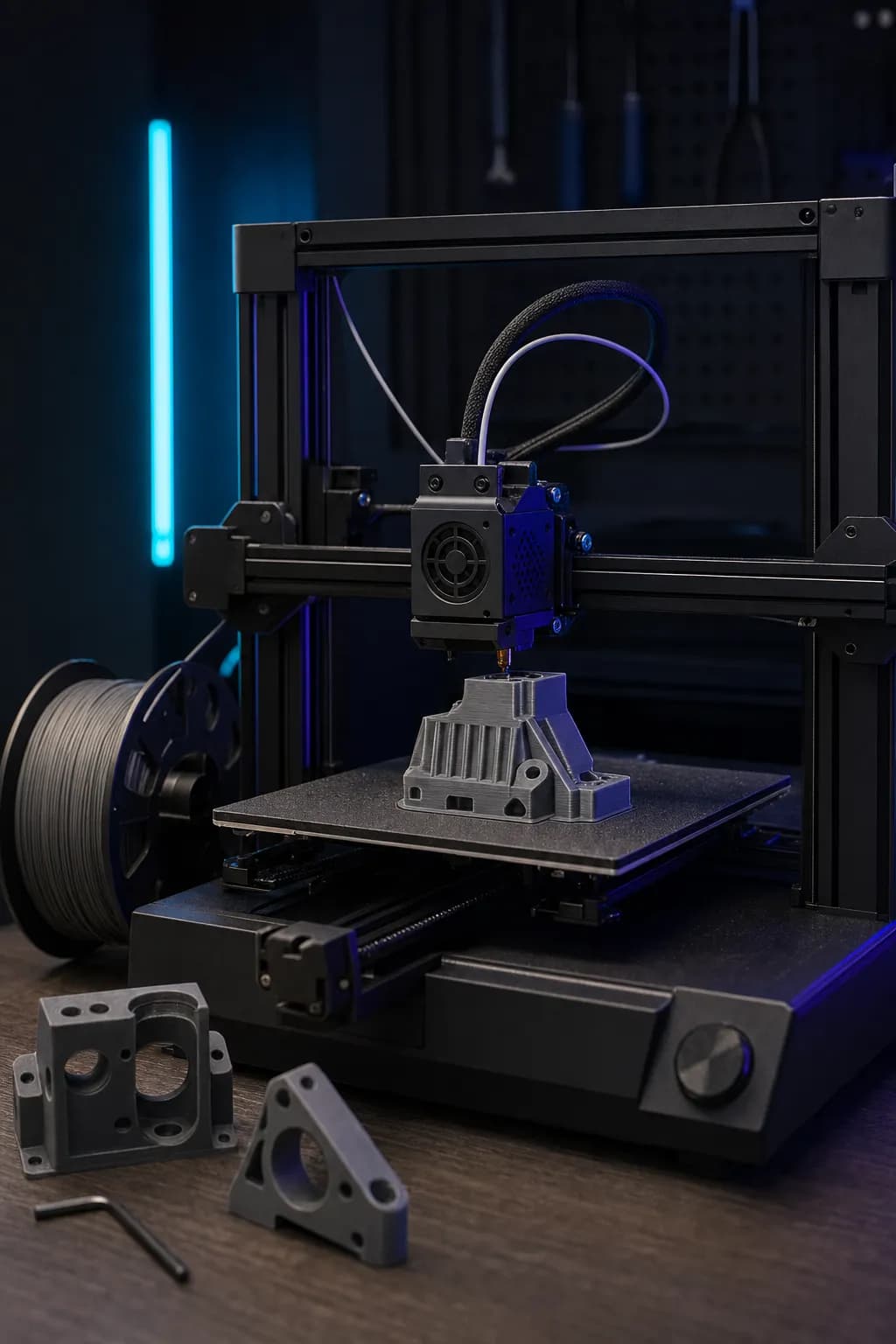 Крупный план сопла 3D-принтера, печатающего механическую деталь, голубая подсветка