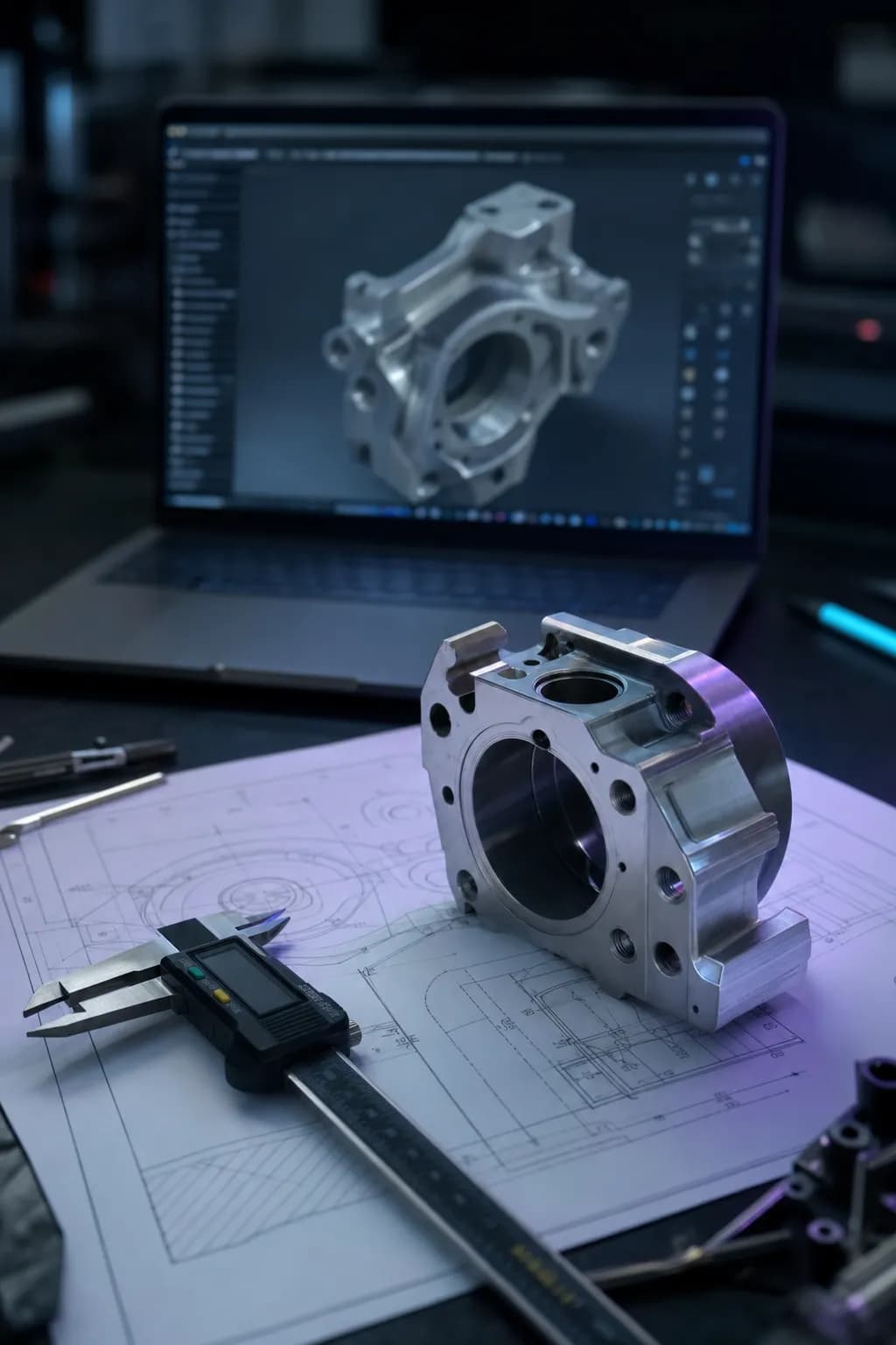 Ноутбук с 3D-моделью детали в CAD-программе, рядом чертёж и штангенциркуль на столе инженера